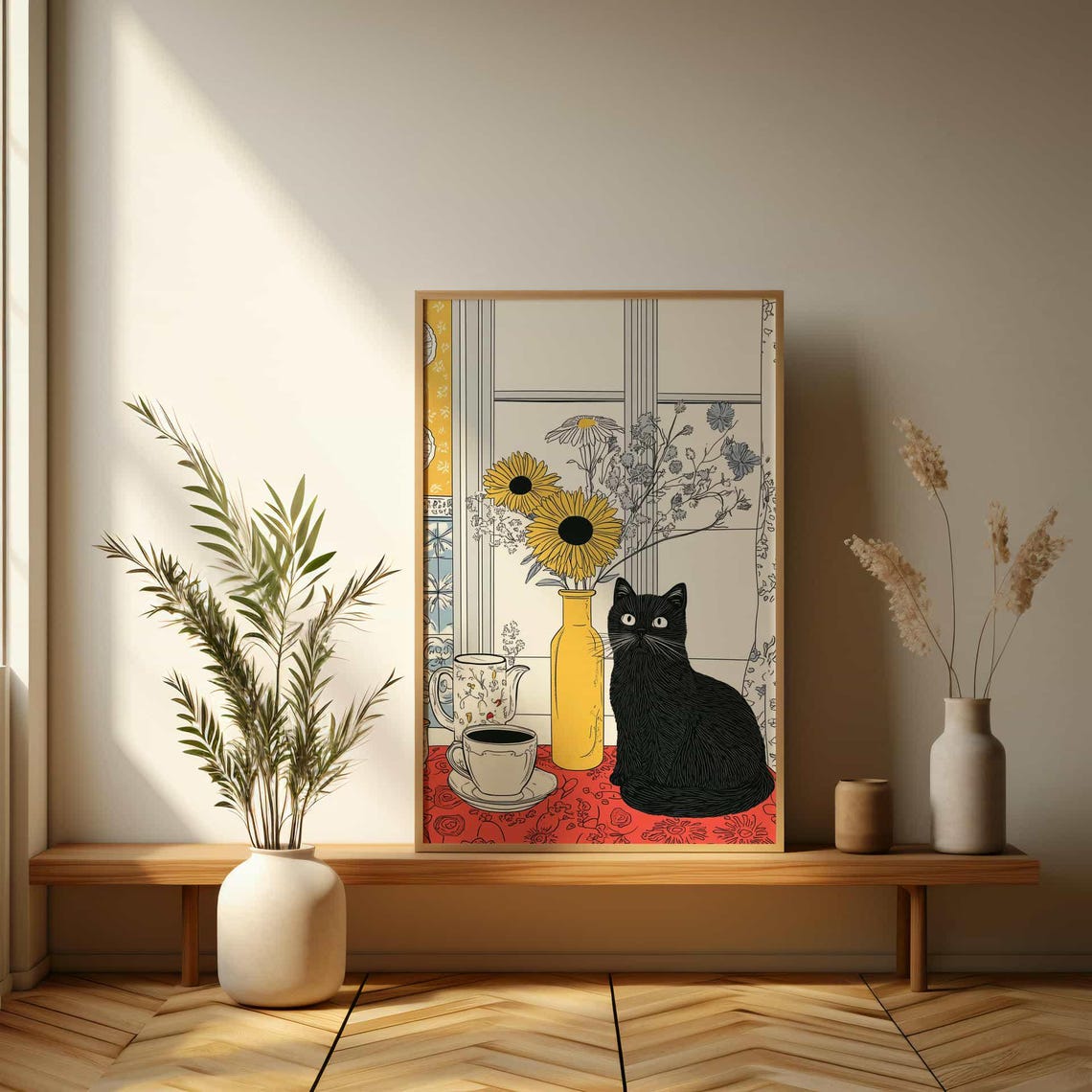 Black Cat with Coffee and Sunflowers Charming Window Scene Poster - Image 3