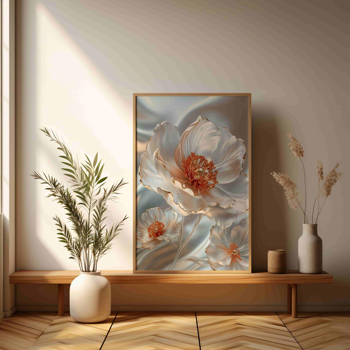 White And Copper Metallic Blossom Flower Elegant Silk Wall Print - Image 3