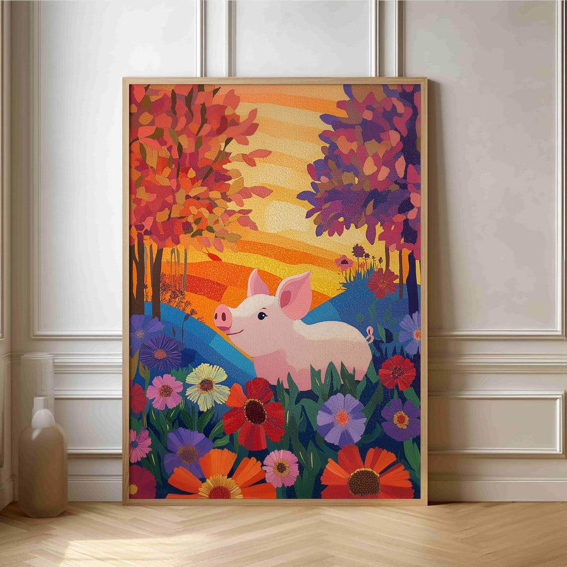 Cute Pink Piglet in Wildflower Meadow Sunset Folk Art Poster