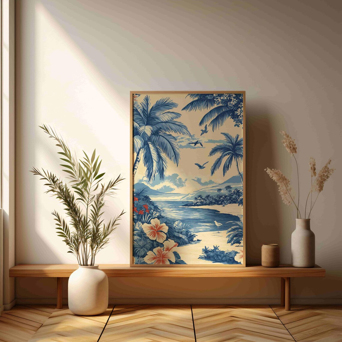 Blue And White Palm Beach Hibiscus Classic Chinoiserie Art Print - Image 3