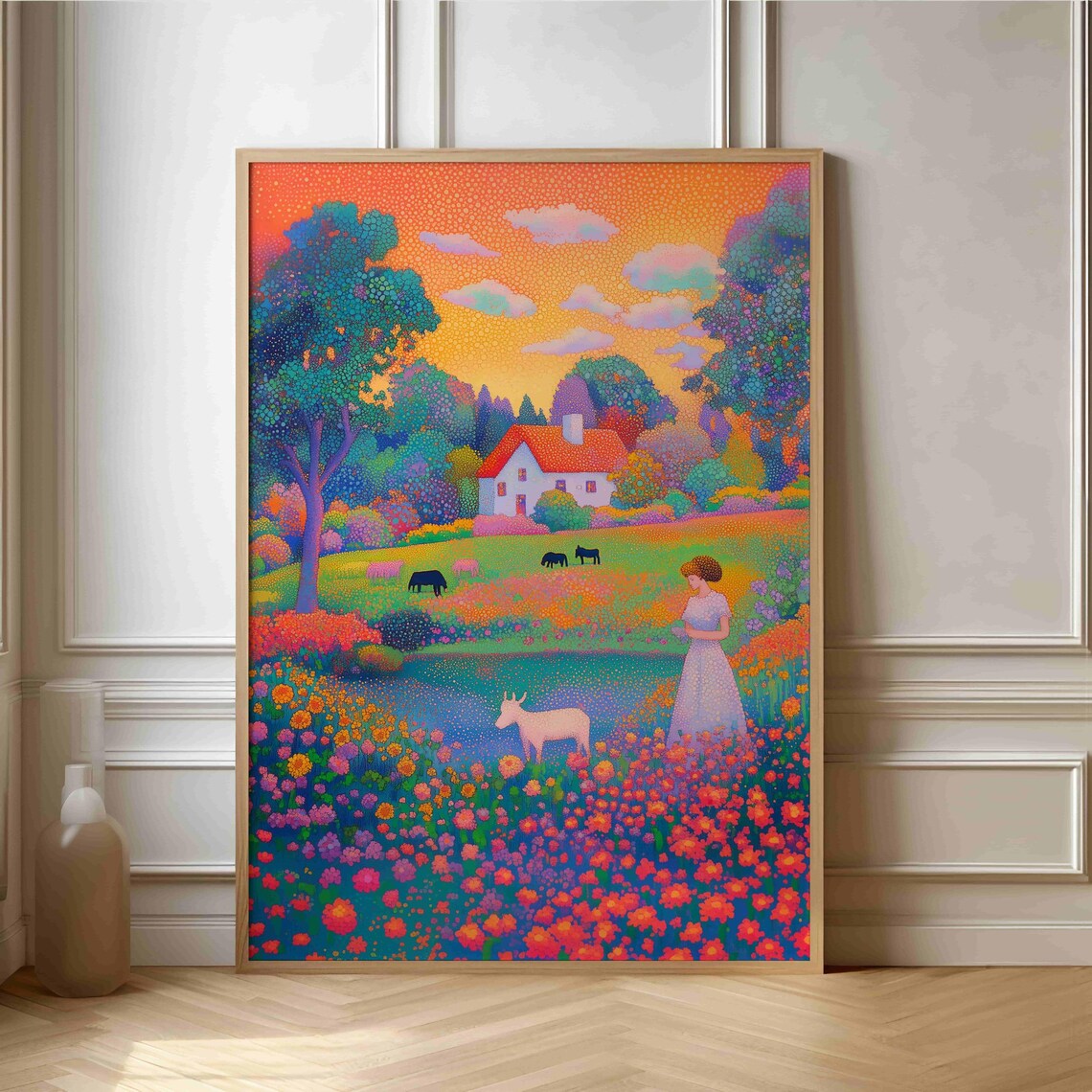 Country Cottage Meadow Wildflowers Pointillism Landscape Scene Poster