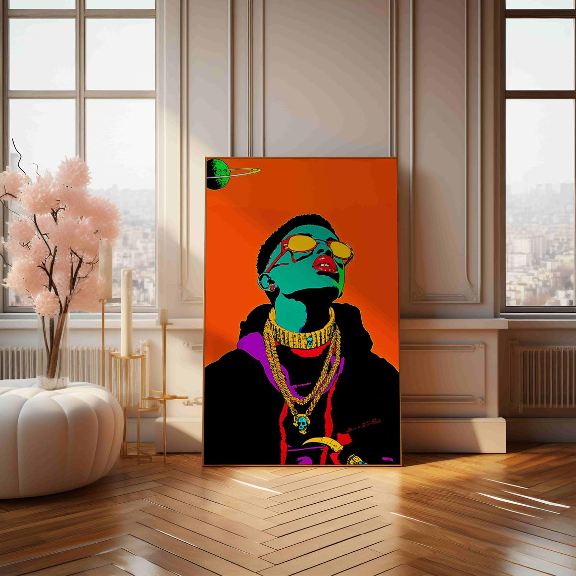 Pop Art Portrait Man With Gold Chains Orange Background Art Print - Image 4