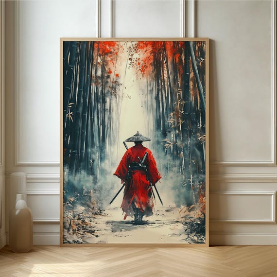 Samurai In The Bamboo Forest Dynamic Asian Art Print Bold Red Robe And Serene Nature Poster For Minimalist Decor