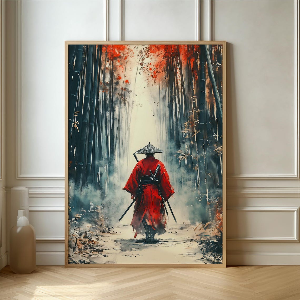 Samurai In The Bamboo Forest Dynamic Asian Art Print Bold Red Robe And Serene Nature Poster For Minimalist Decor