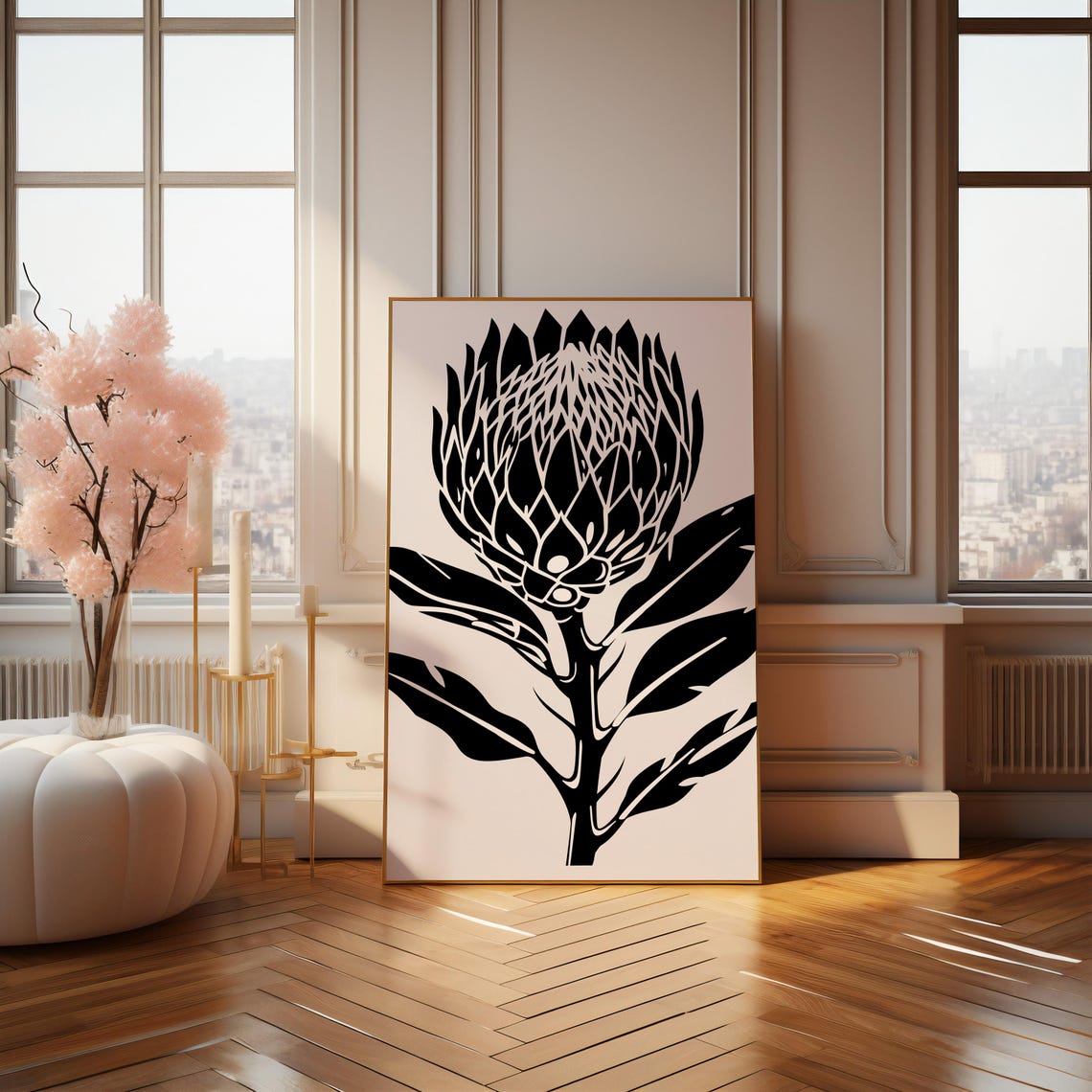 Bold Black Protea Silhouette Graphic Linocut Style Botanical Poster - Image 4