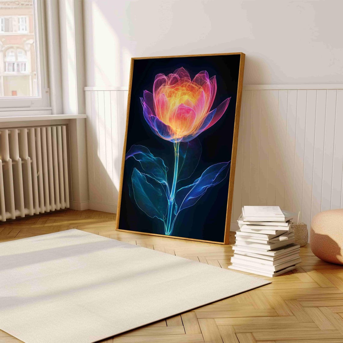 Glowing Neon Flower On Black Background Abstract Botanical Art Print - Image 5