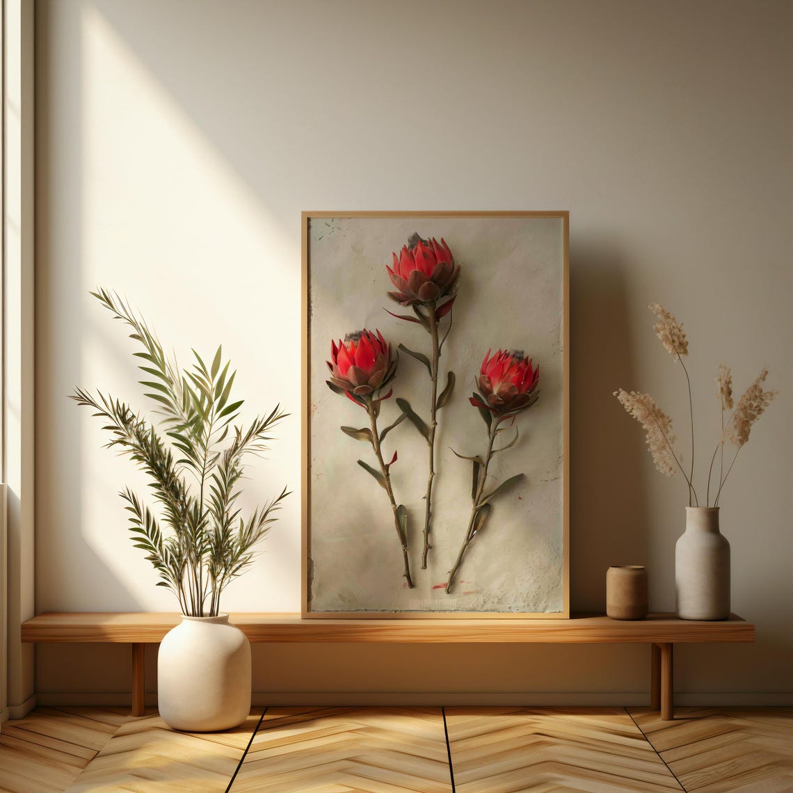 Three Red King Protea Stems On Textured White Rustic Art Print - Image 3