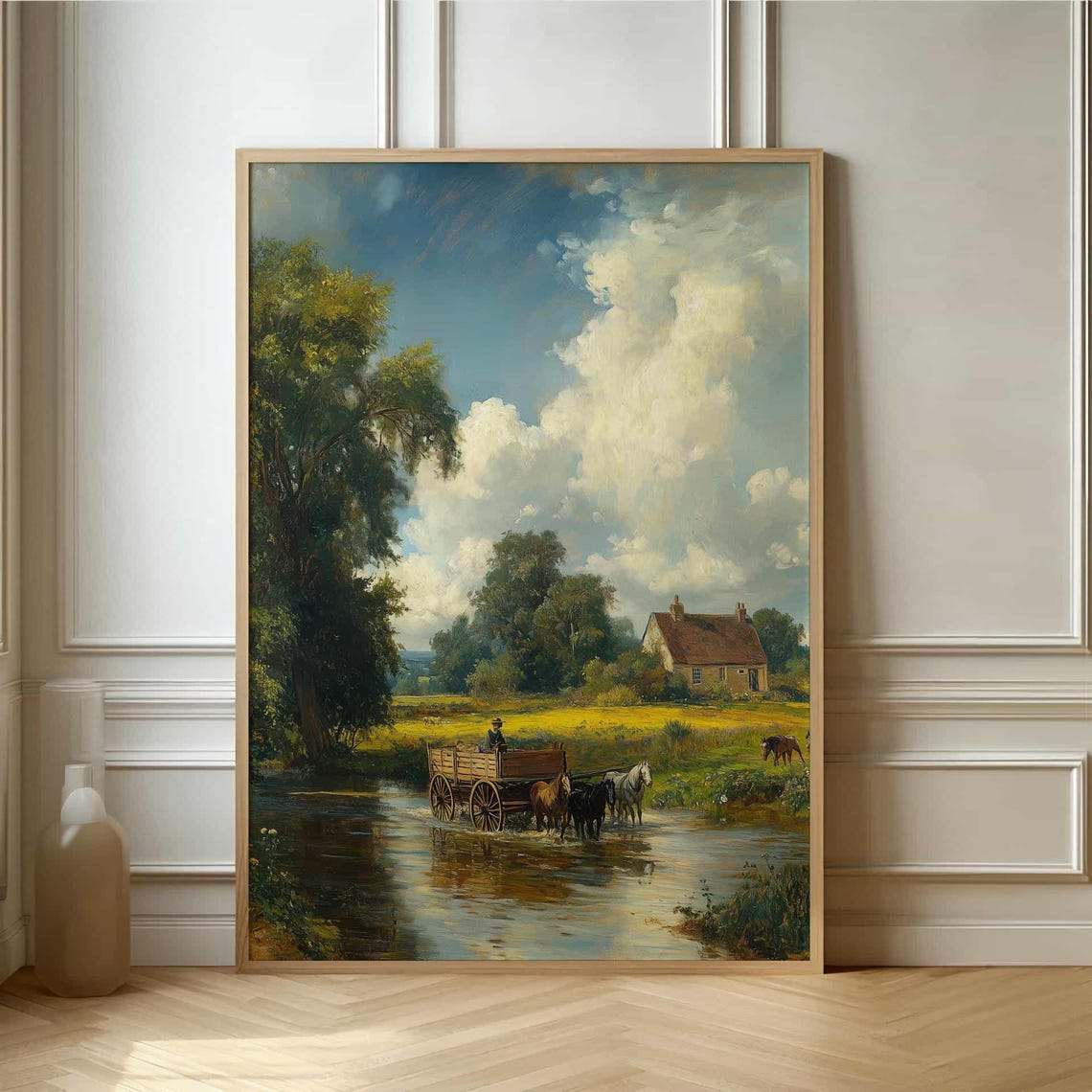 Horse Drawn Wagon Crossing a Stream Vintage Farm Scene Poster
