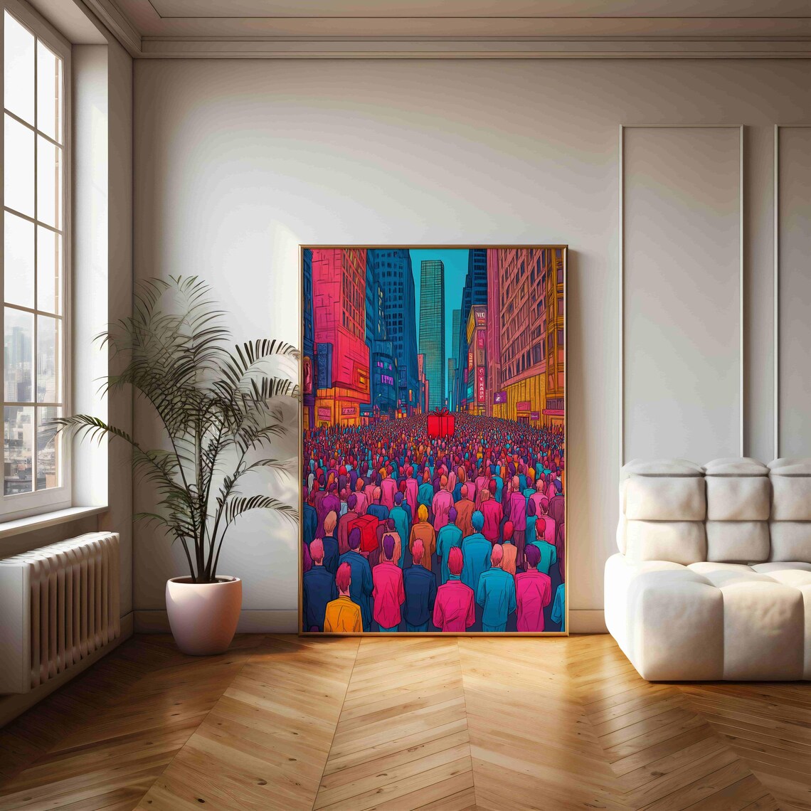 Vibrant Pop Art City Street Crowd Neon Colors Illustration Poster - Image 2