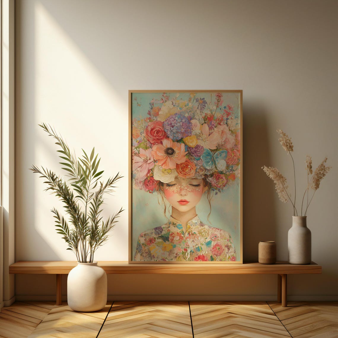 Woman with Floral Headdress Pastel Romantic Portrait Wall Poster - Image 3