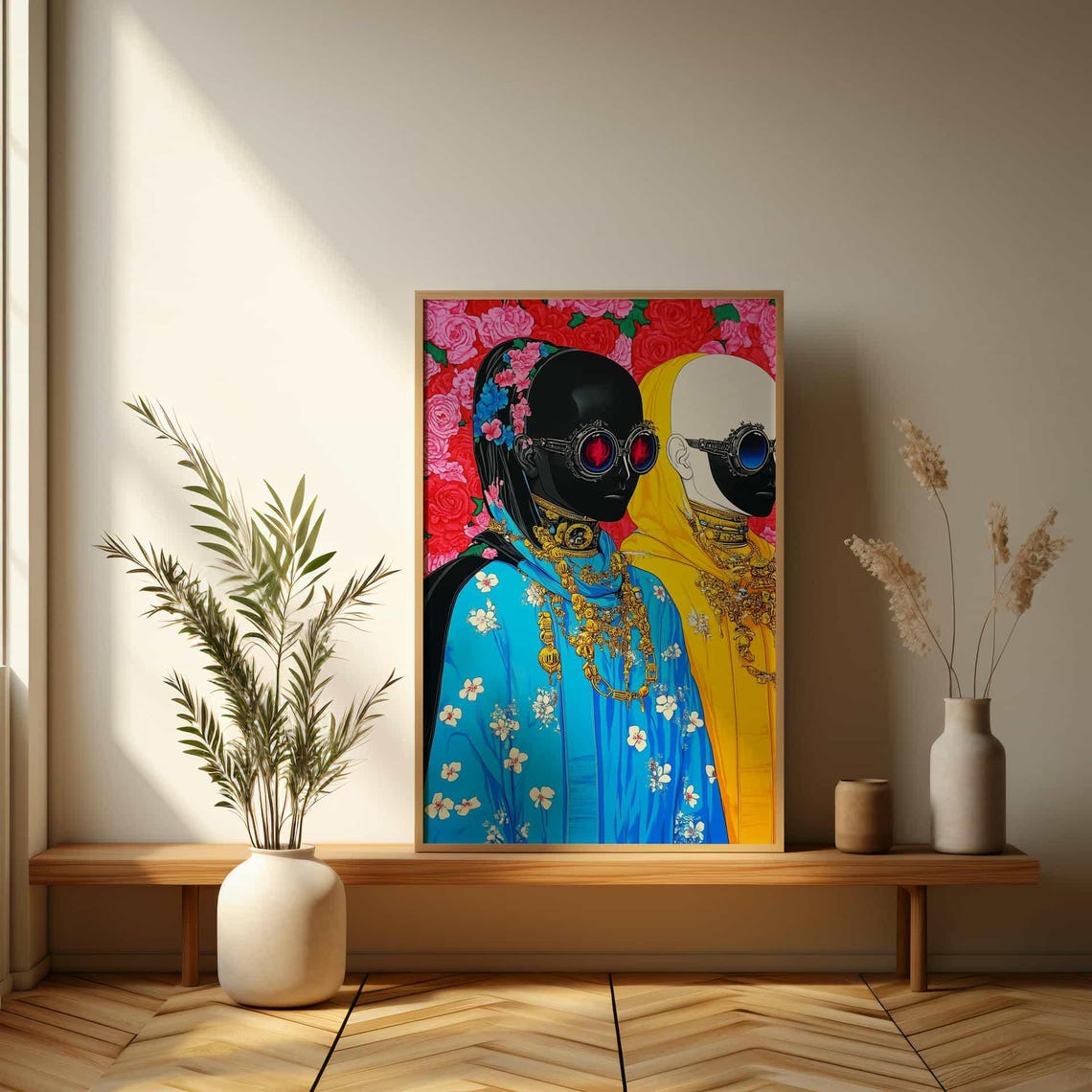 Bold Pop Art Duo in Steampunk Goggles Against Pink Roses Poster - Image 3
