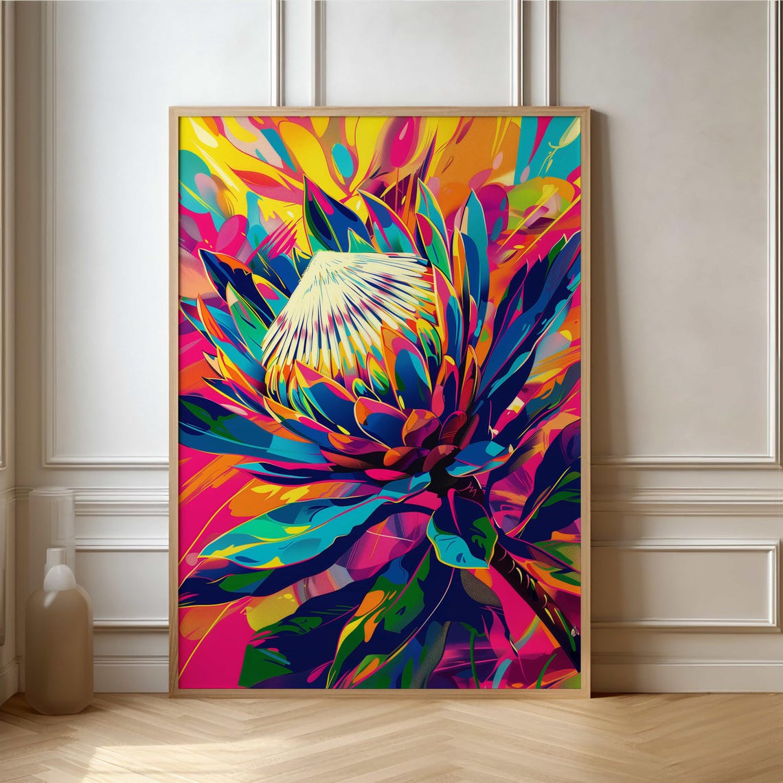 King Protea Bloom in Exploding Bold Rainbow Pop Art Color Poster