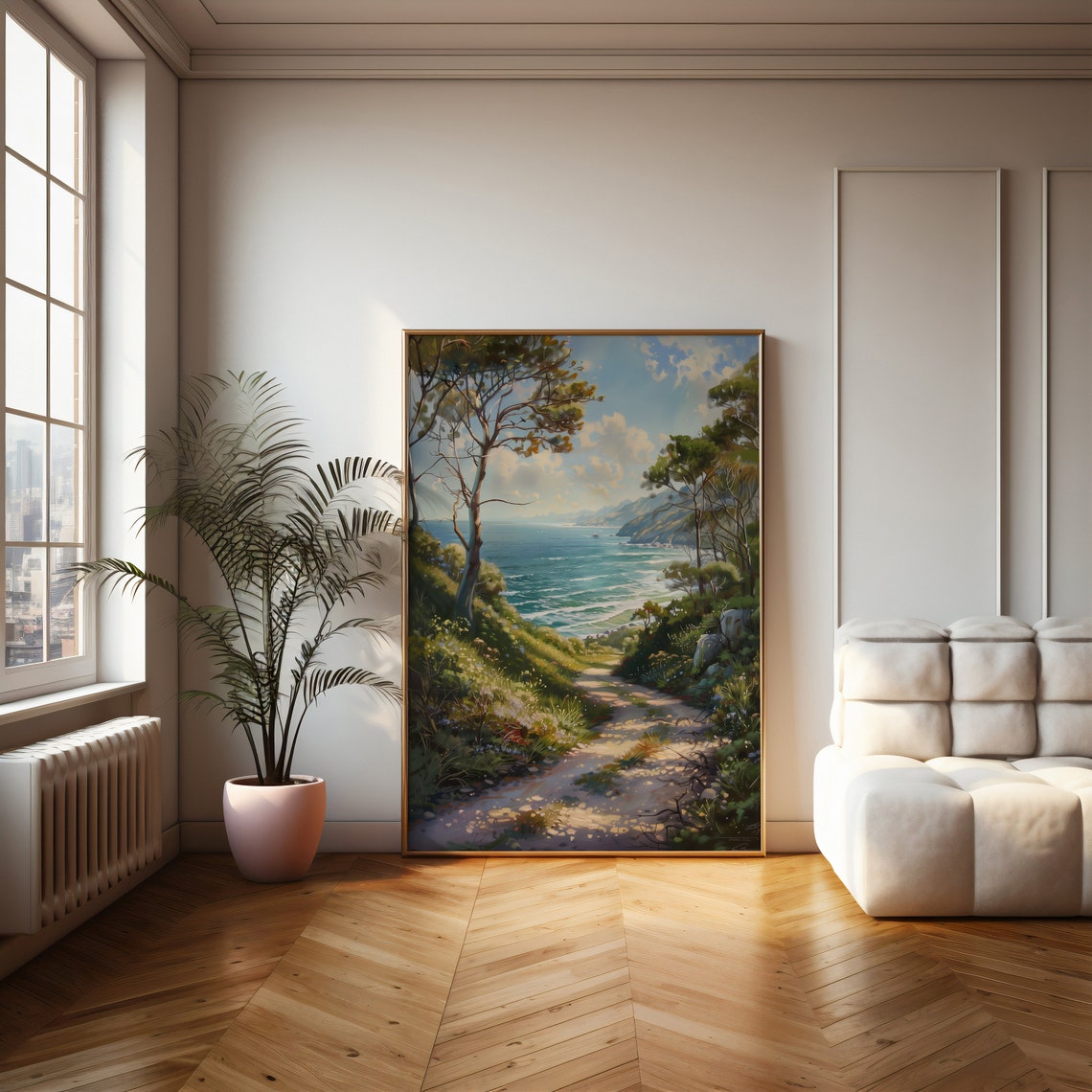 Sunlit Coastal Path Through Pines To The Sea Landscape Poster - Image 4