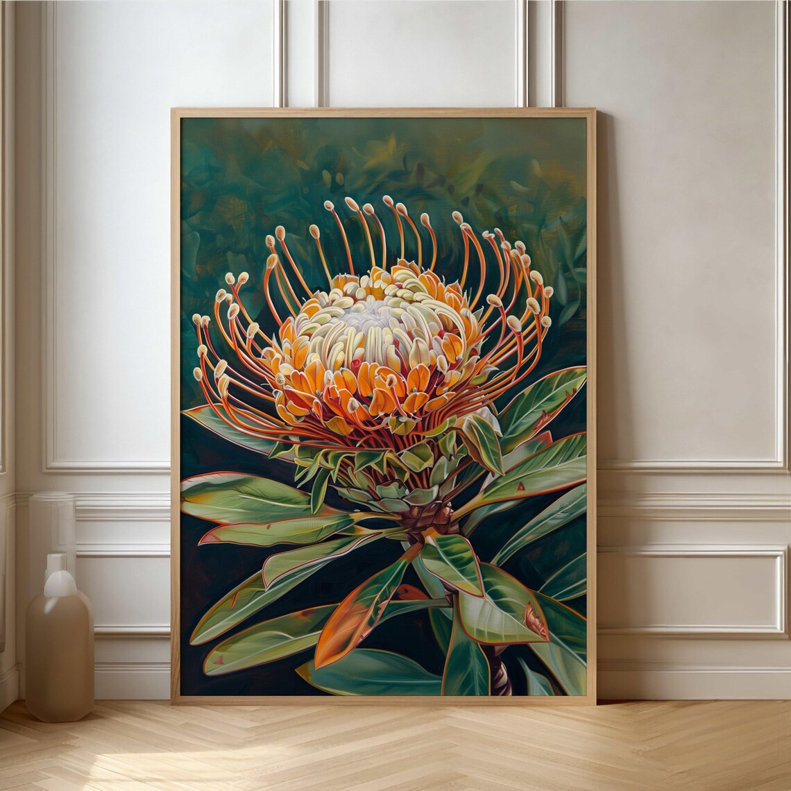 Orange Protea Flower Close-Up Dark Green Botanical Painting Poster