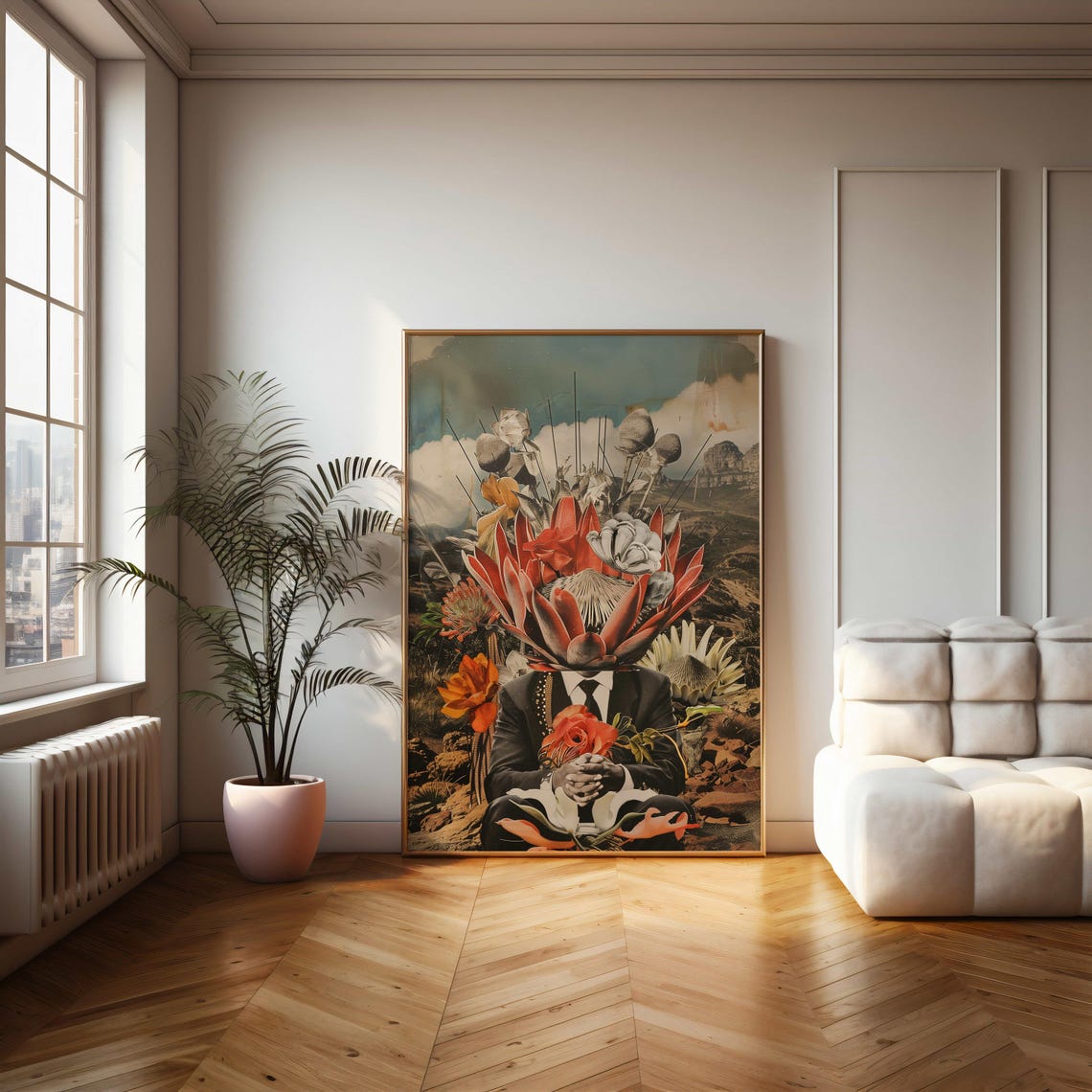 Surrealist Protea Head Collage Man In Dark Suit Dream Art Poster - Image 2