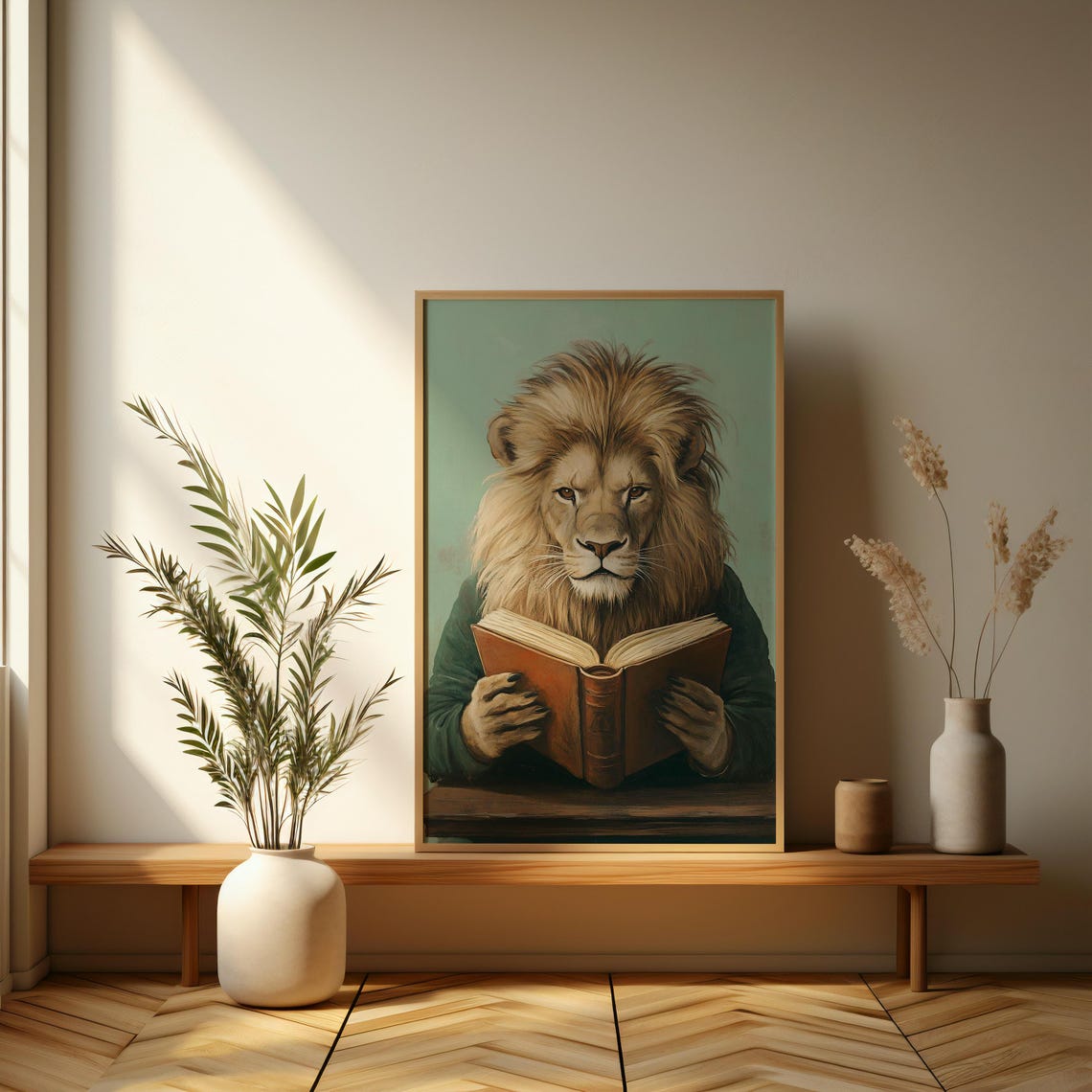 Majestic Lion Reading Book At Desk Quirky Vintage Style Poster - Image 3