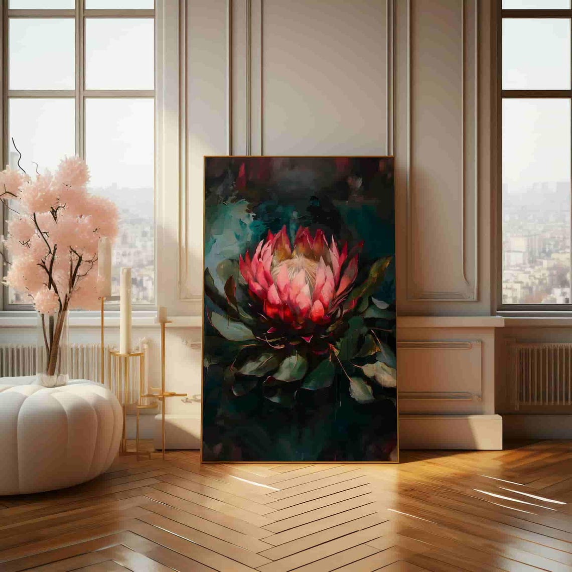 Pink Protea Abstract Loose Expressive Brushwork on Dark Teal Poster - Image 3