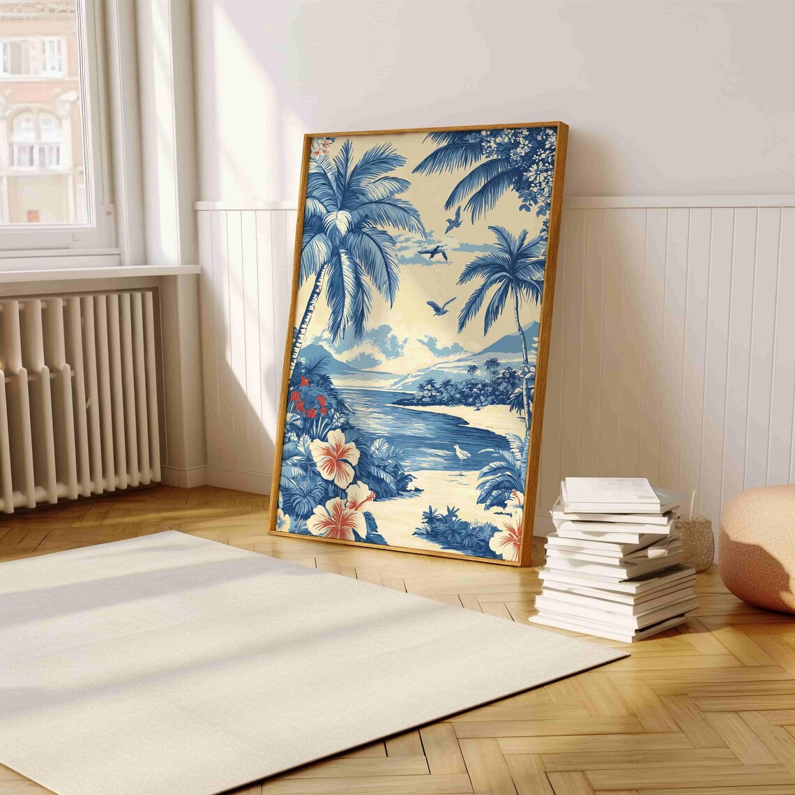 Blue And White Palm Beach Hibiscus Classic Chinoiserie Art Print - Image 5
