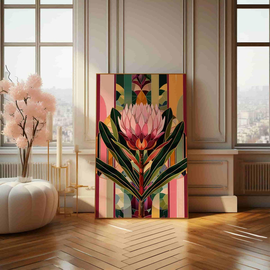 Art Deco Protea with Striped Geometric Background Art Poster - Image 3