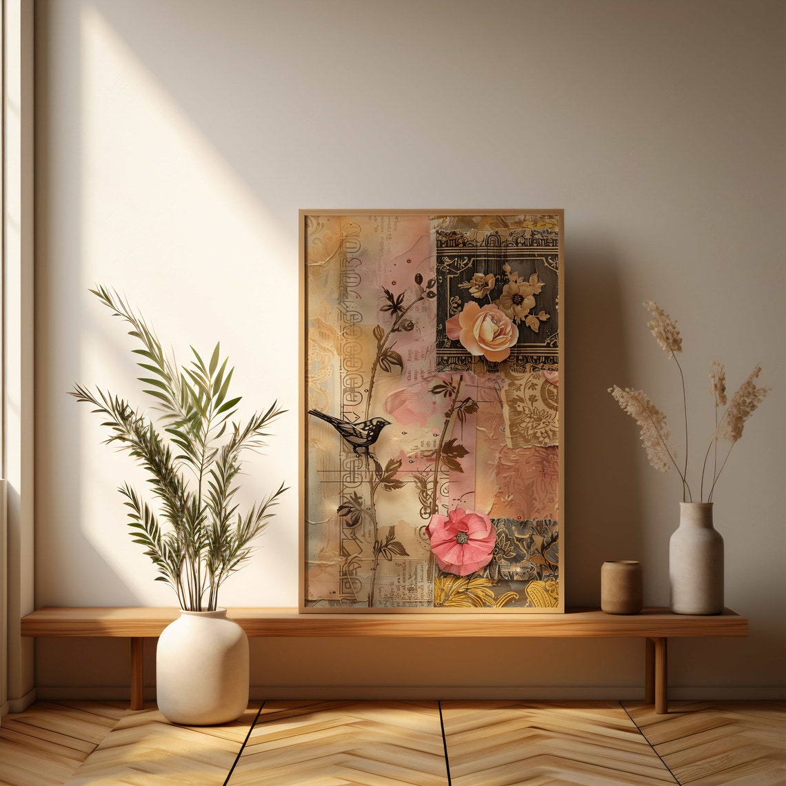 Vintage Bird And Roses Paper Ephemera Shabby Collage Art Poster - Image 3