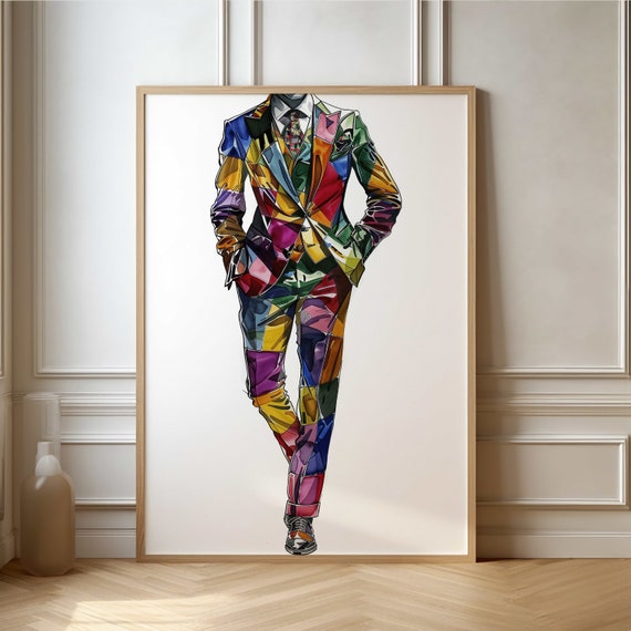 Colorful Geometric Man Suit Poster Vibrant Fashion Art For Contemporary Home Decor Perfect For Modern Aesthetics