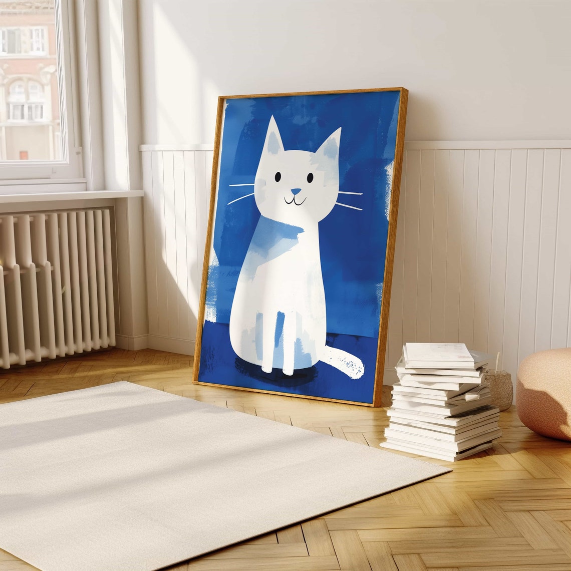 Smiling White Cat On Deep Blue Watercolor Whimsical Art Poster - Image 5