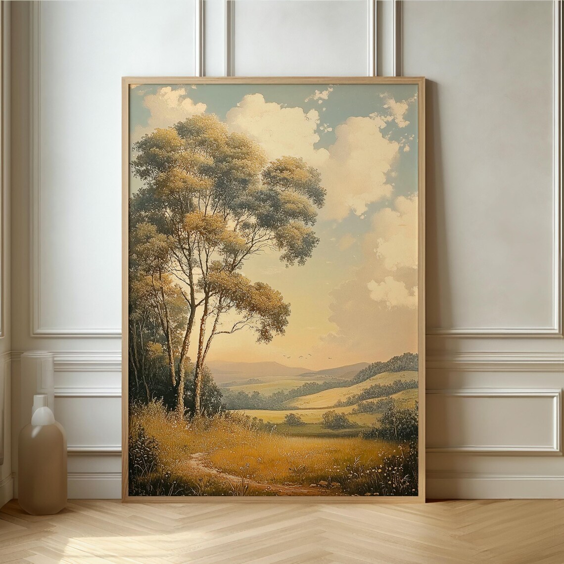 Golden Autumn Countryside With Majestic Oak Tree Landscape Poster
