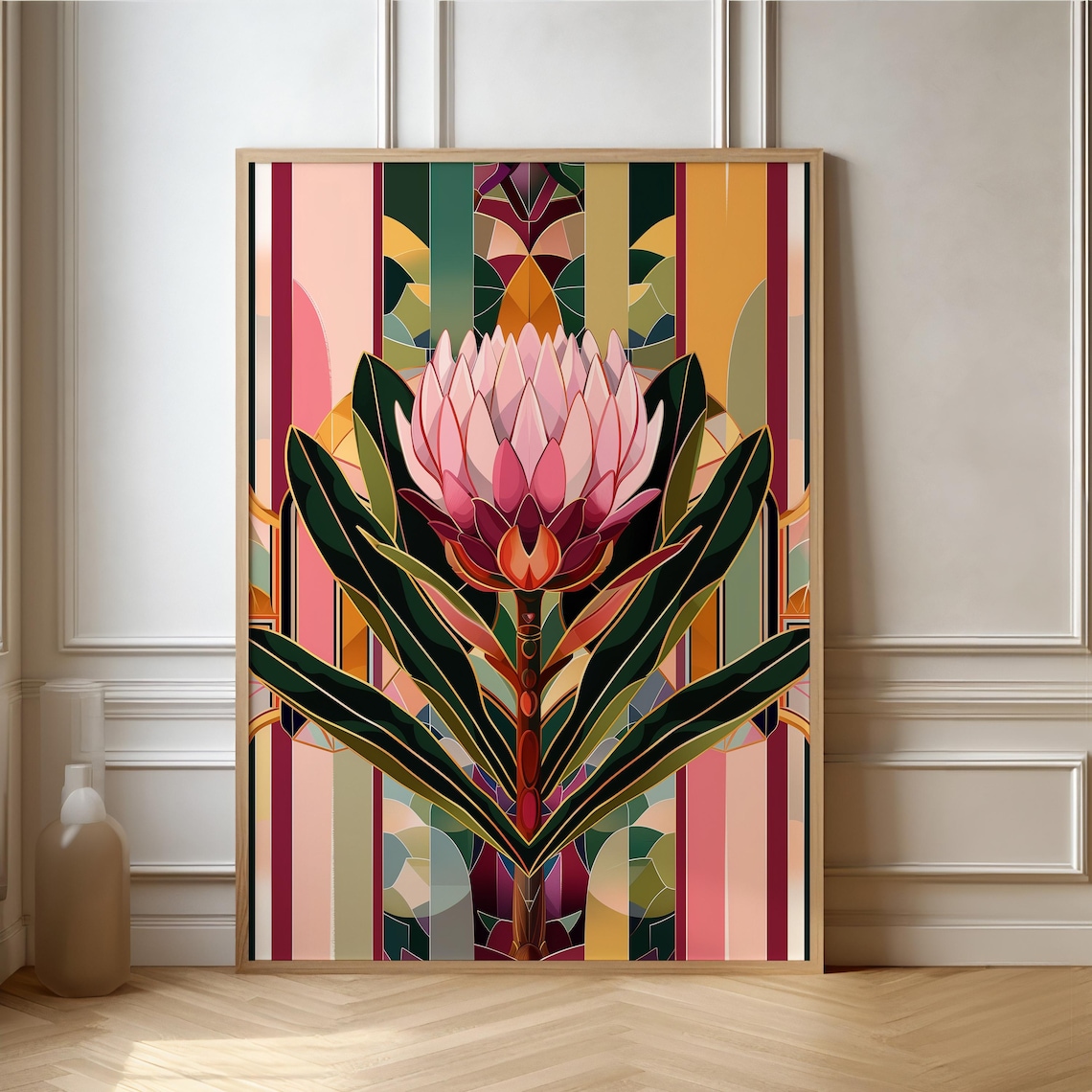 Art Deco Protea, Stained Glass Style Poster Print
