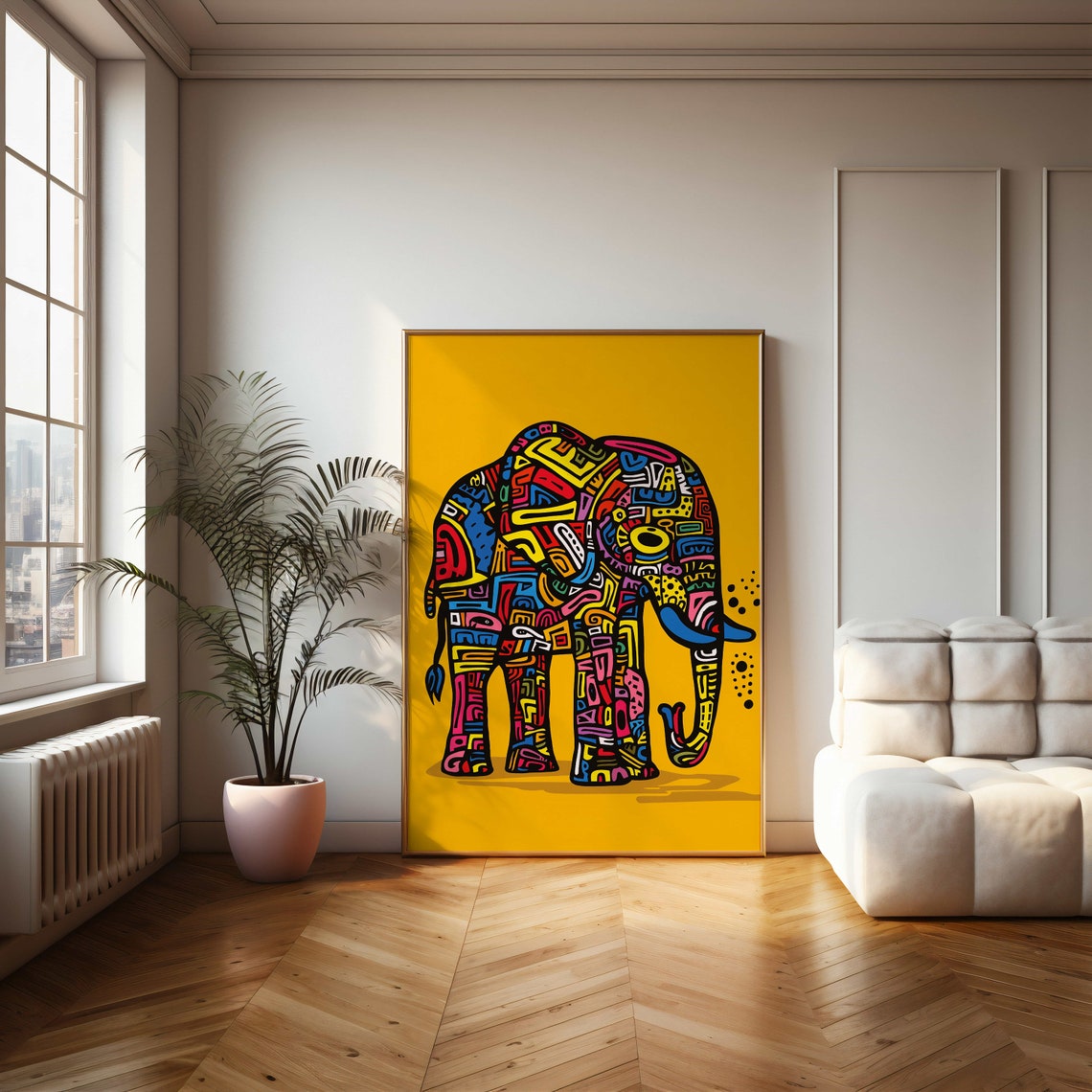 Colorful Patterned Elephant Pop Art on a Yellow Background Poster - Image 2