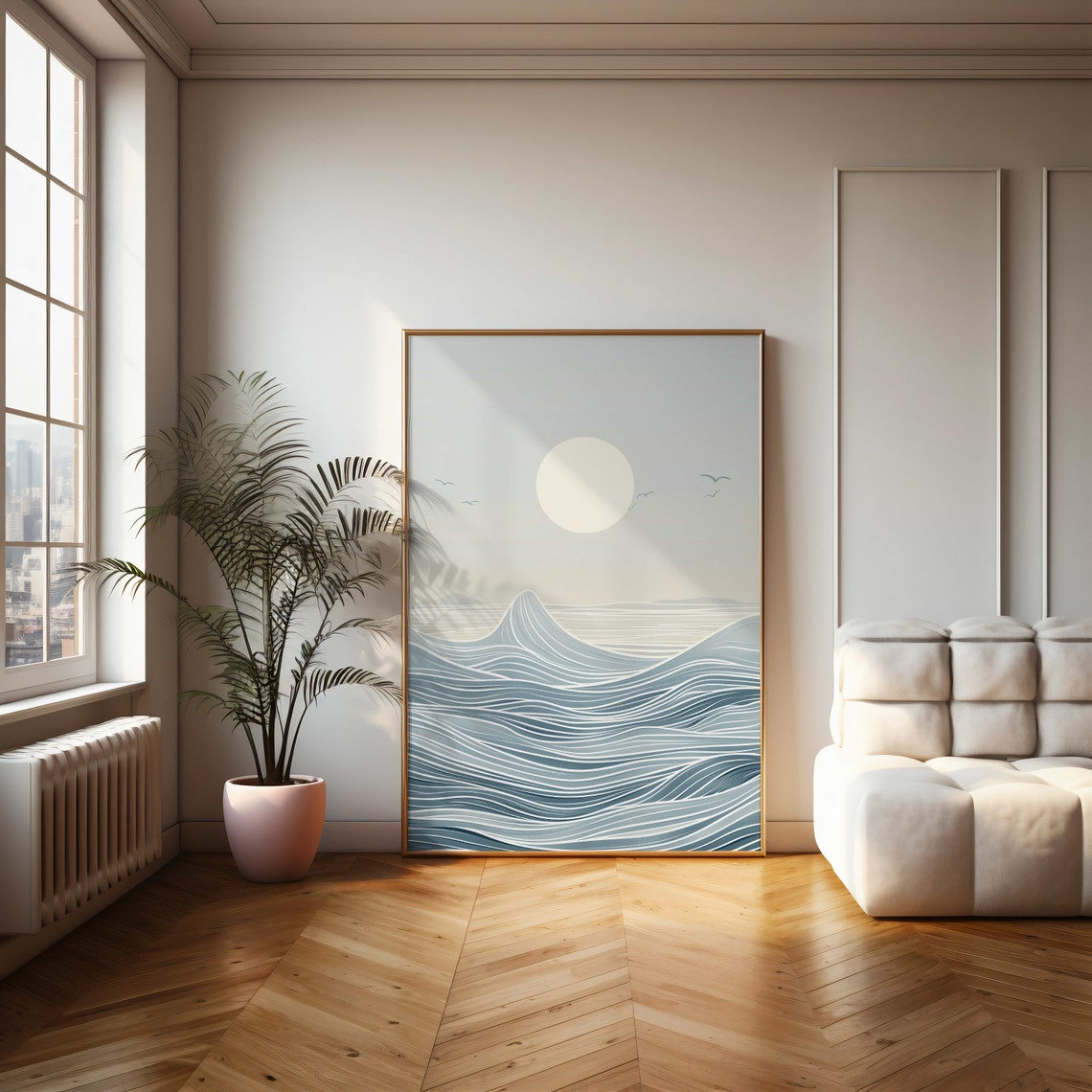 Minimalist Ocean Waves Beneath a Pale Moon Seascape Art Poster - Image 2