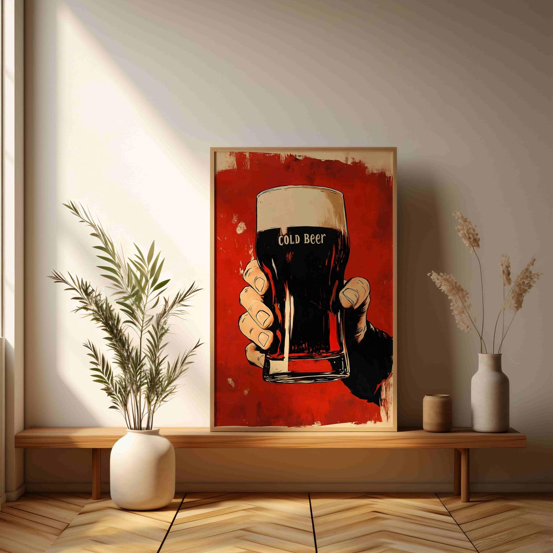 Retro Cold Beer Hand Holding Dark Pint Glass Vintage Bar Art Poster - Image 3