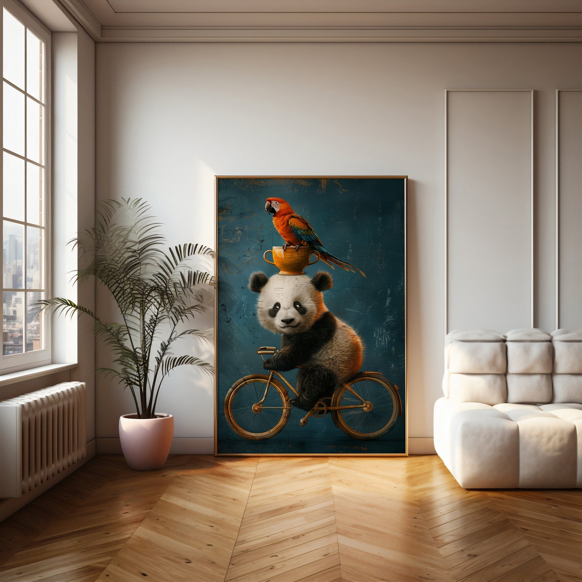 Panda Riding a Bicycle With Parrot on Its Head Whimsical Poster - Image 2