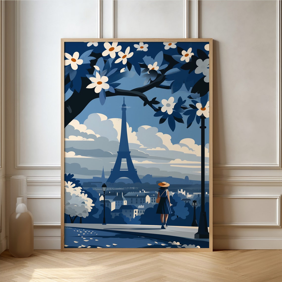 Paris Eiffel Tower View With Woman in Straw Hat Floral Poster