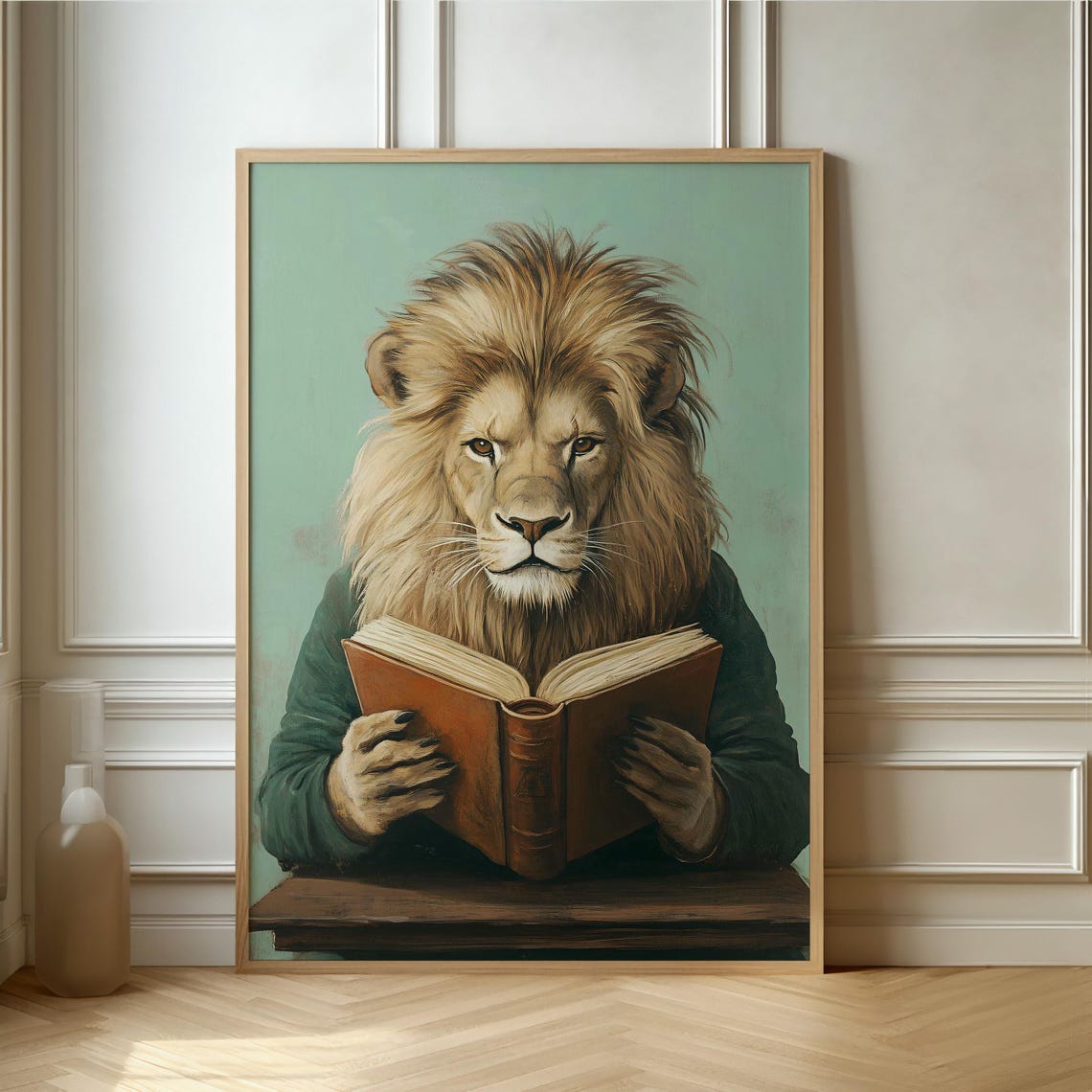 Majestic Lion Reading Book At Desk Quirky Vintage Style Poster