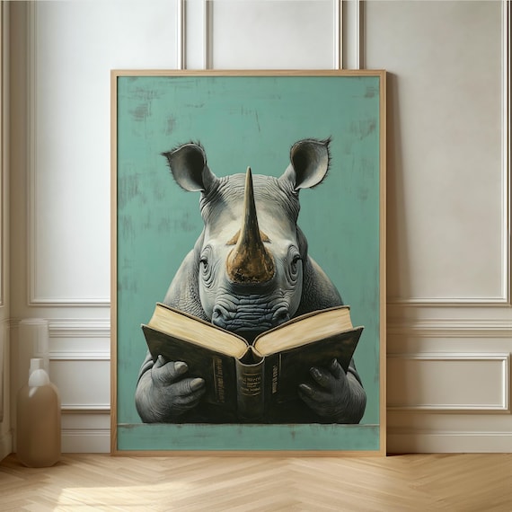 Intellectual Rhino Reading Book Whimsical Teal Animal Portrait Poster