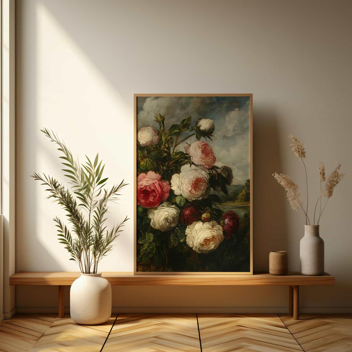 Vintage Oil Painting of Pink and White Roses Against Sky Poster - Image 3