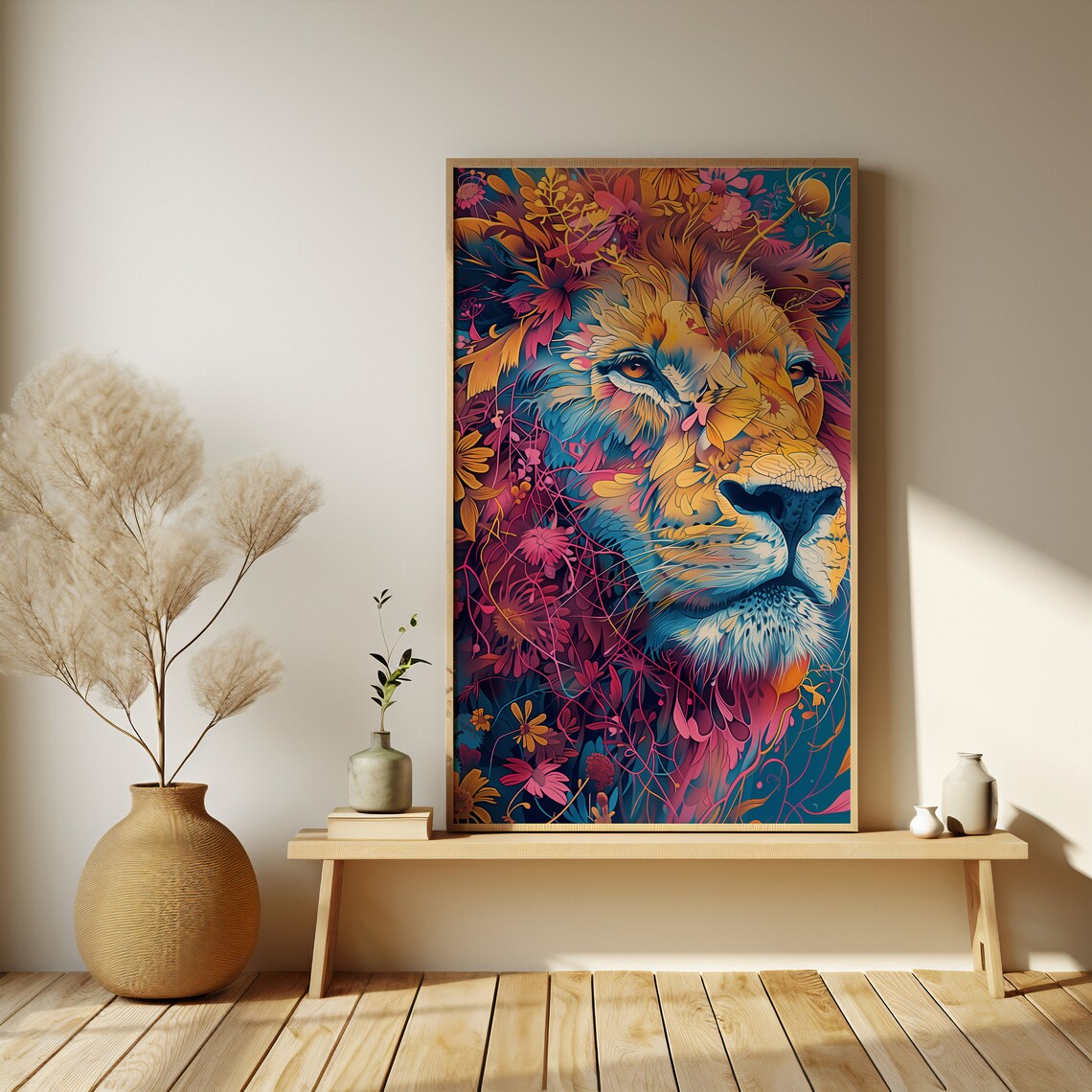 Colorful Lion Portrait With Floral Mane on a Teal Canvas Poster - Image 3