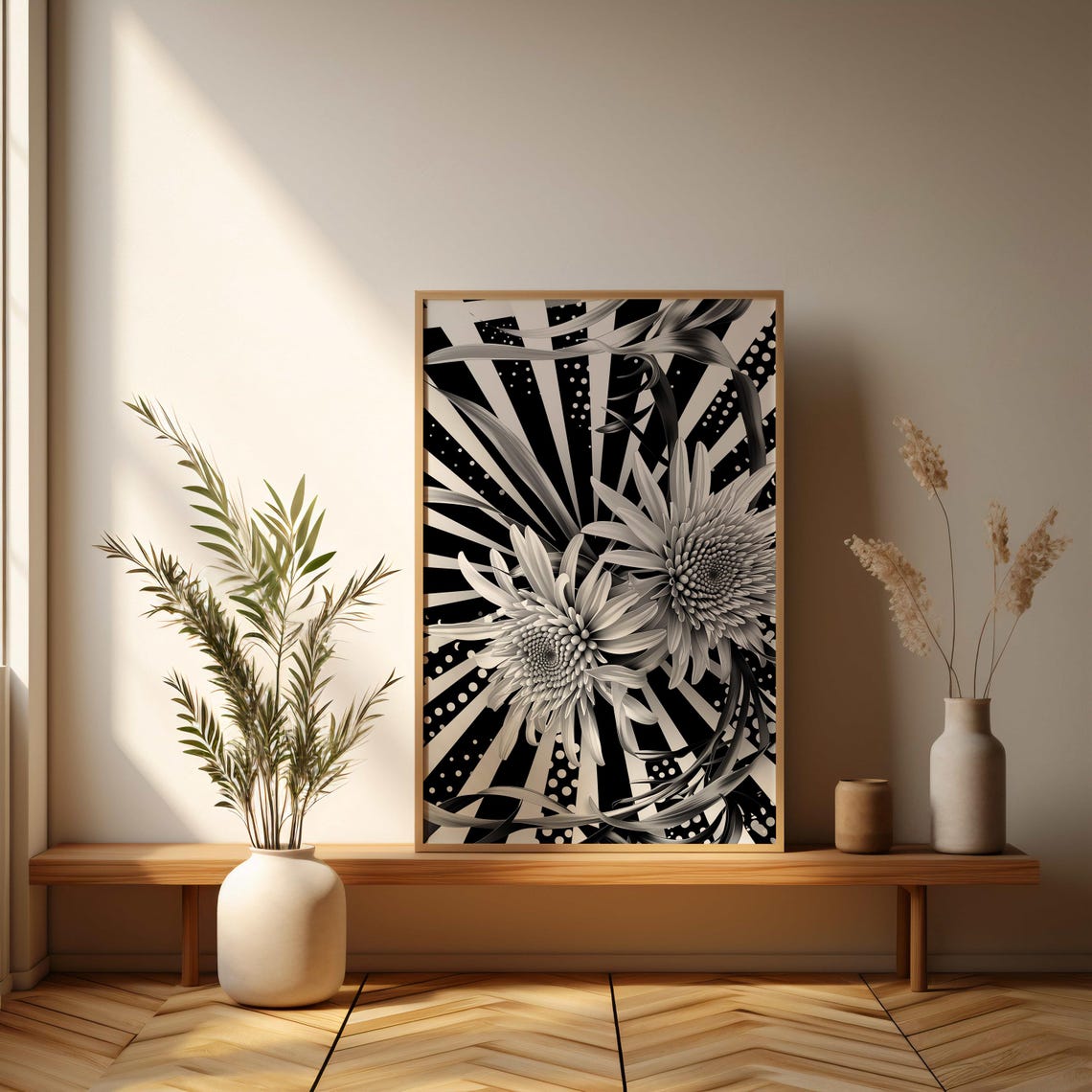 Dynamic Floral Contrast Bold Black And White Flower Poster With Radiant Background For Modern Interiors - Image 3