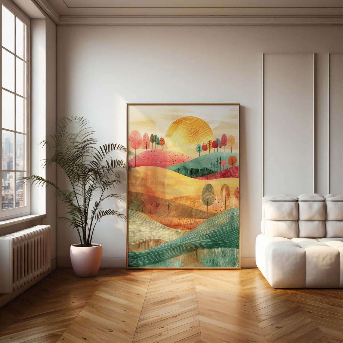 Whimsical Autumn Tree Over Colorful Rolling Hills Landscape Poster - Image 2