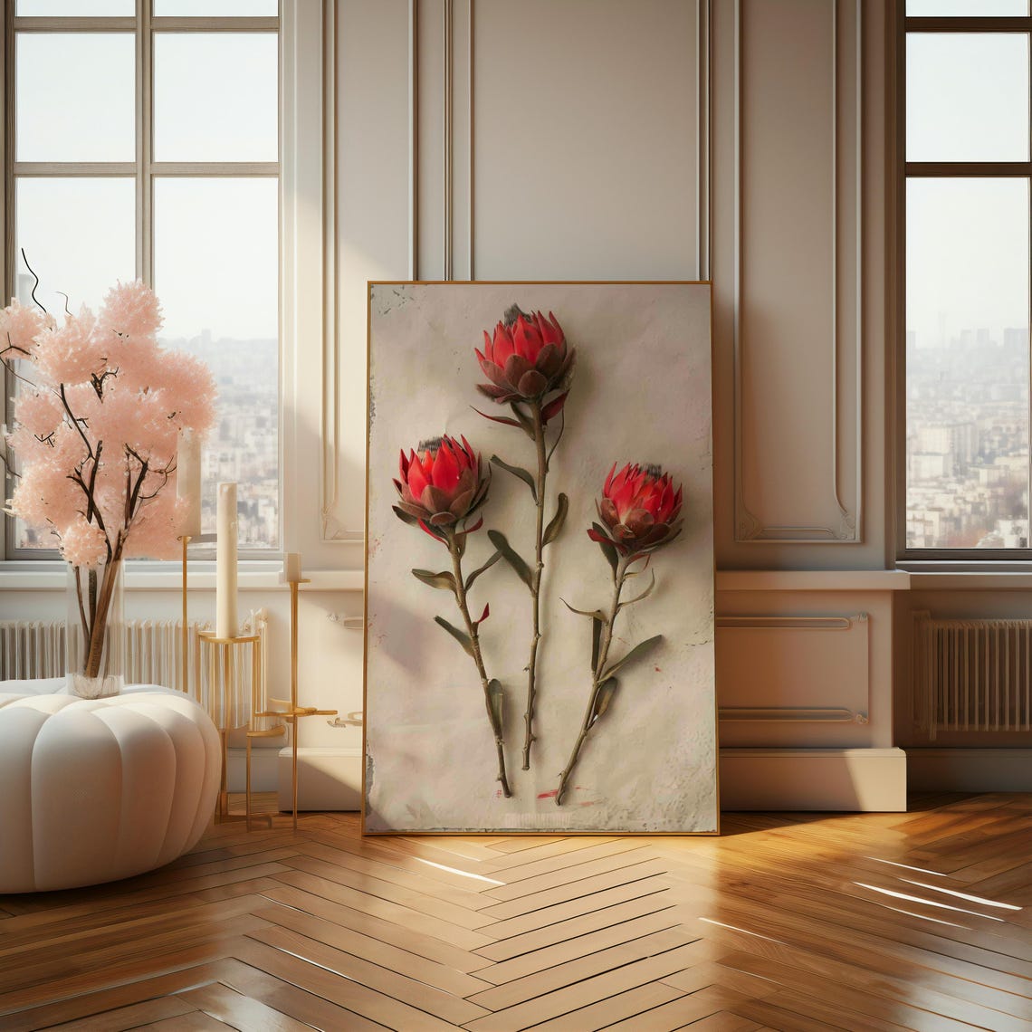 Three Red King Protea Stems On Textured White Rustic Art Print - Image 4