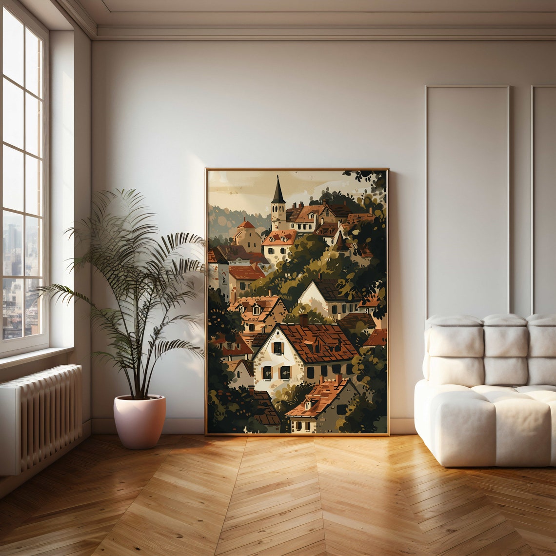 Cozy European Hillside Village Church Steeple Illustration Poster - Image 2