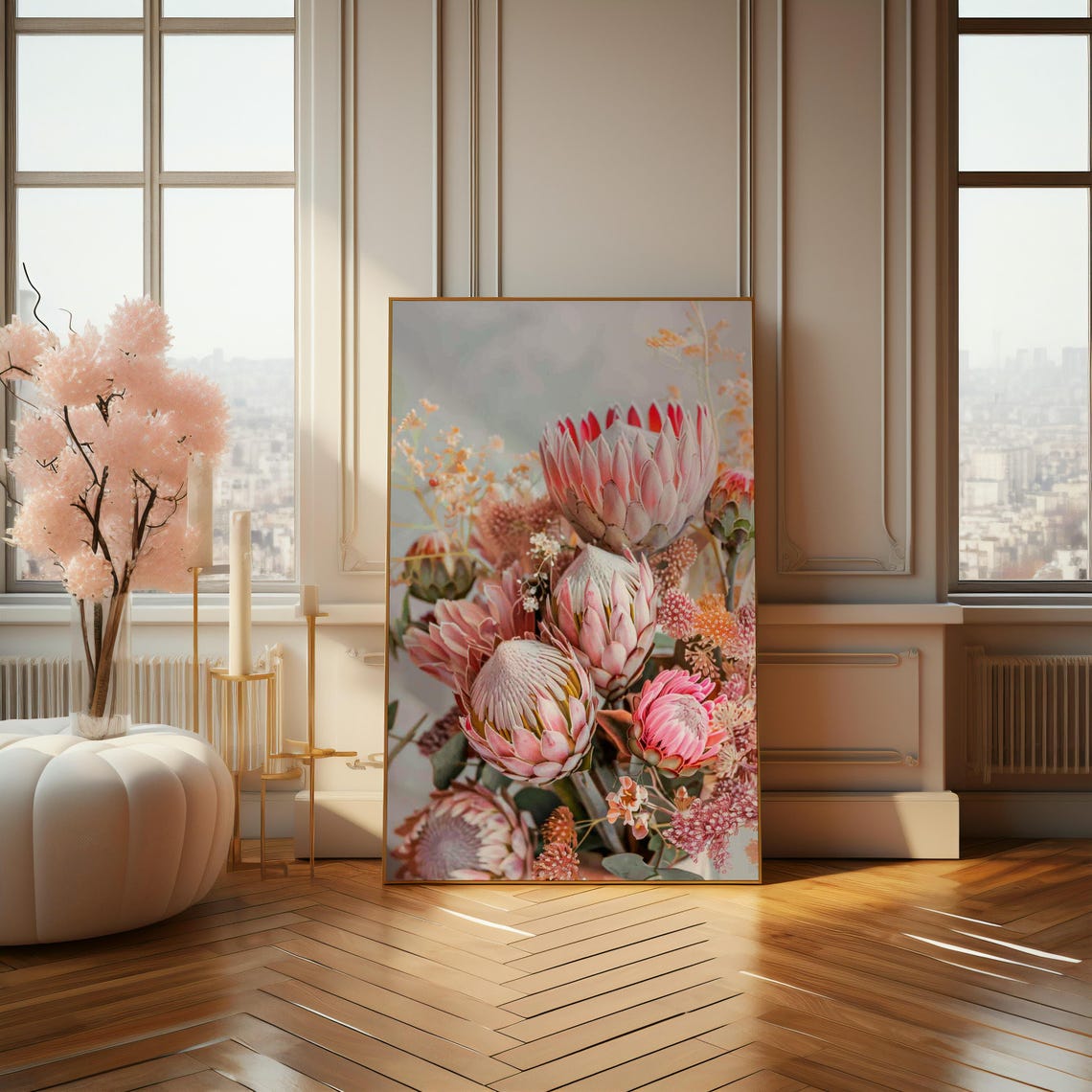 Lush Pink King Protea Floral Arrangement Romantic Modern Art Print - Image 4