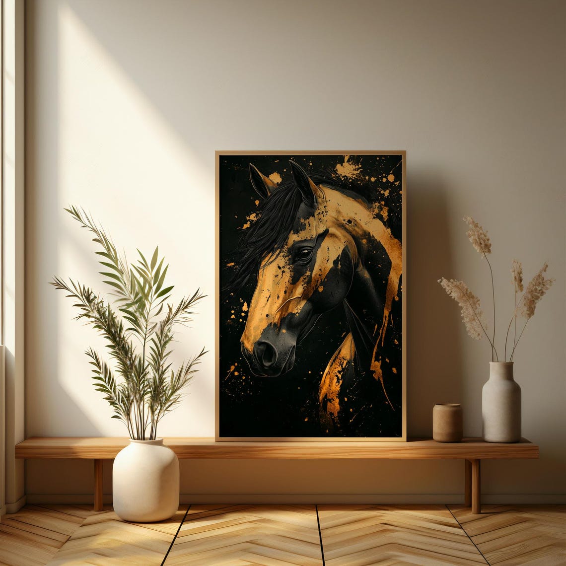 Black and Gold Horse Portrait Dramatic Splash Art Wall Poster - Image 3