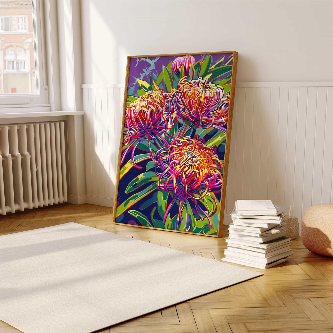 Vibrant Neon Chrysanthemum Blooms on Deep Purple Pop Art Poster - Image 5
