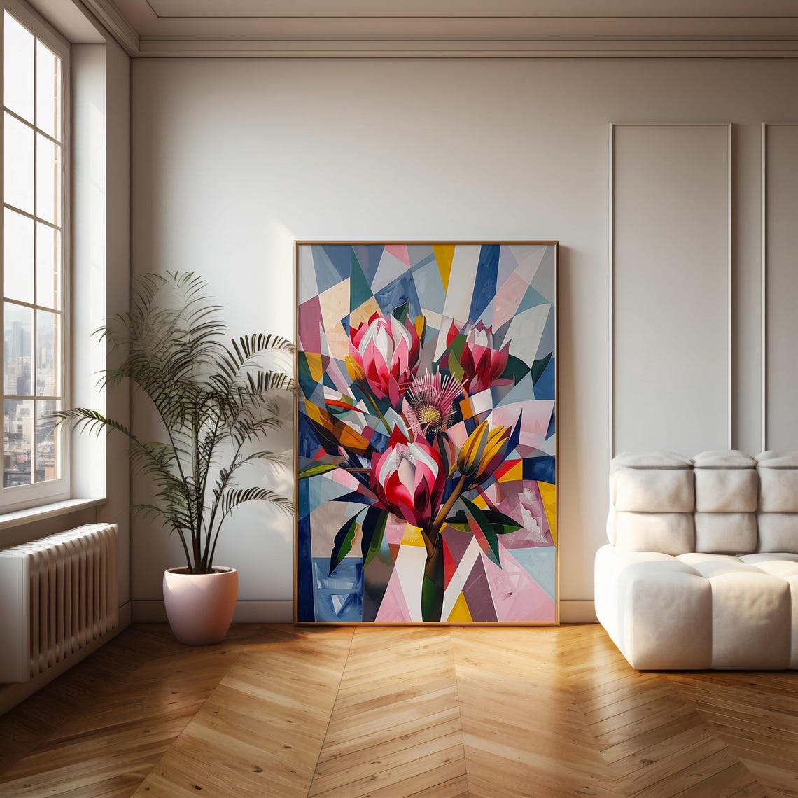 Fragmented Cubist Protea Bouquet Pink Pastel Mosaic Artwork Poster - Image 2