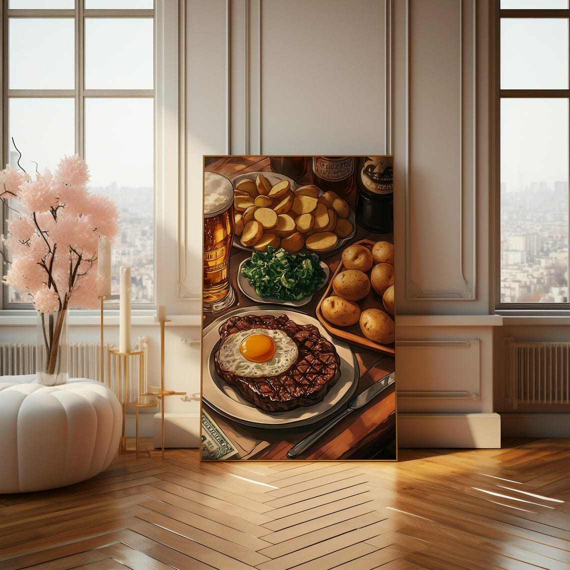 Gourmet Meal Wall Art Steak With Egg And Beer Still Life Perfect For Modern Kitchen And Dining Room Aesthetics - Image 4
