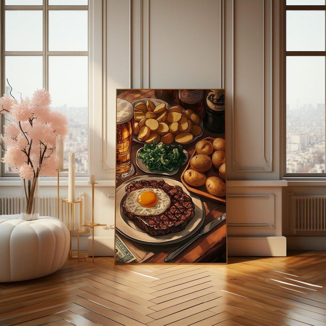 Steak and Egg Pub Dinner with Beer Illustrated Food Art Poster - Image 4