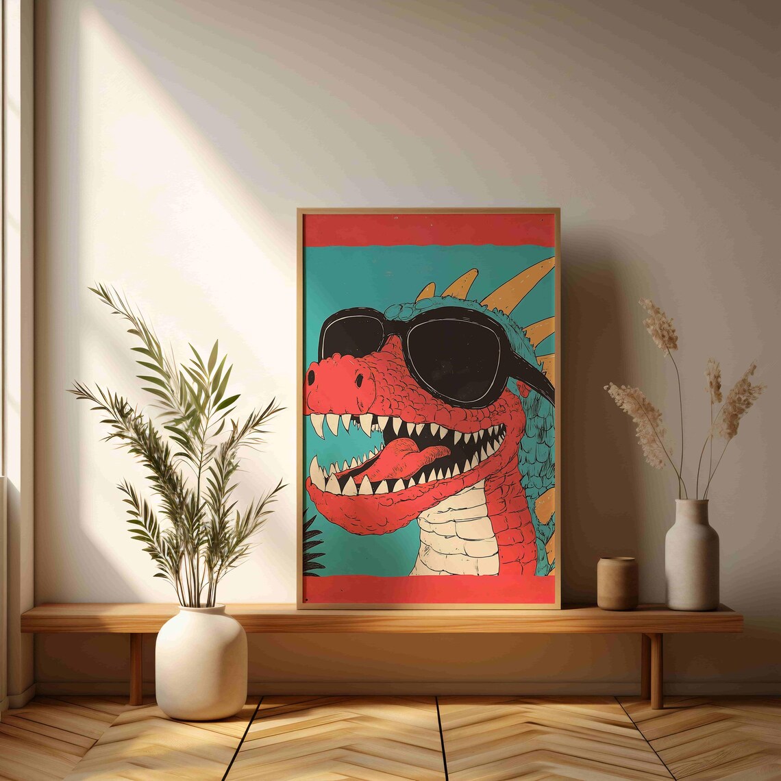 Retro Red Dinosaur Wearing Sunglasses Bold Pop Art Kids Poster - Image 3
