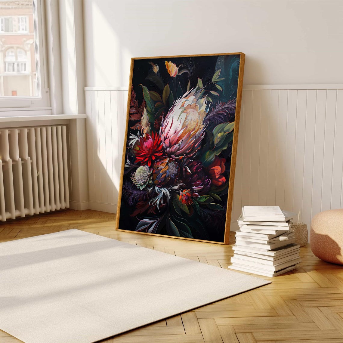 Moody Dark Botanical Bouquet with King Proteas Painting Art Poster - Image 5