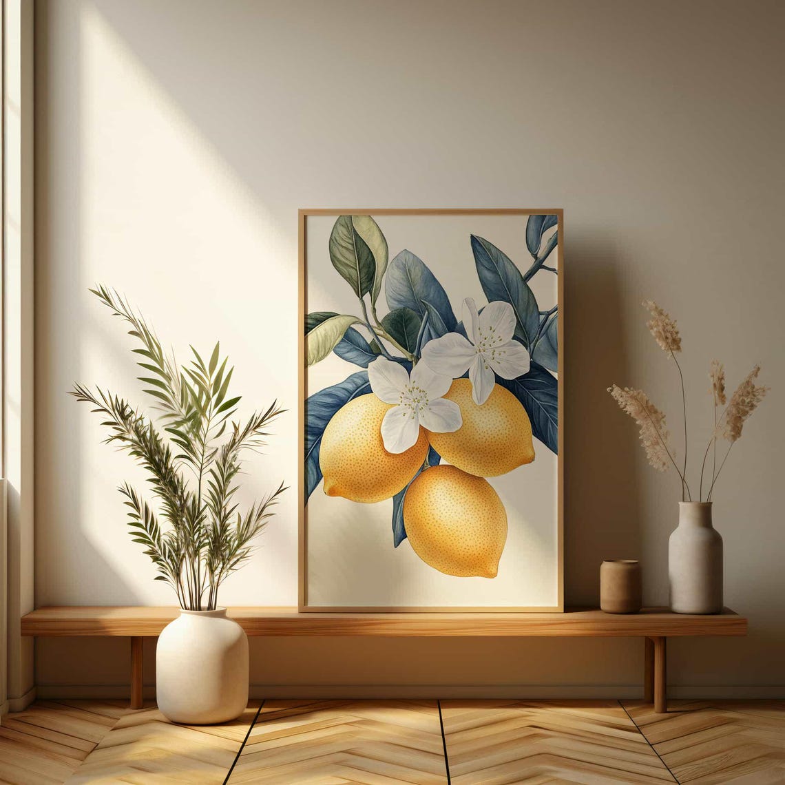 Yellow Lemon Branch with Blossoms Botanical Watercolor Art Poster - Image 3